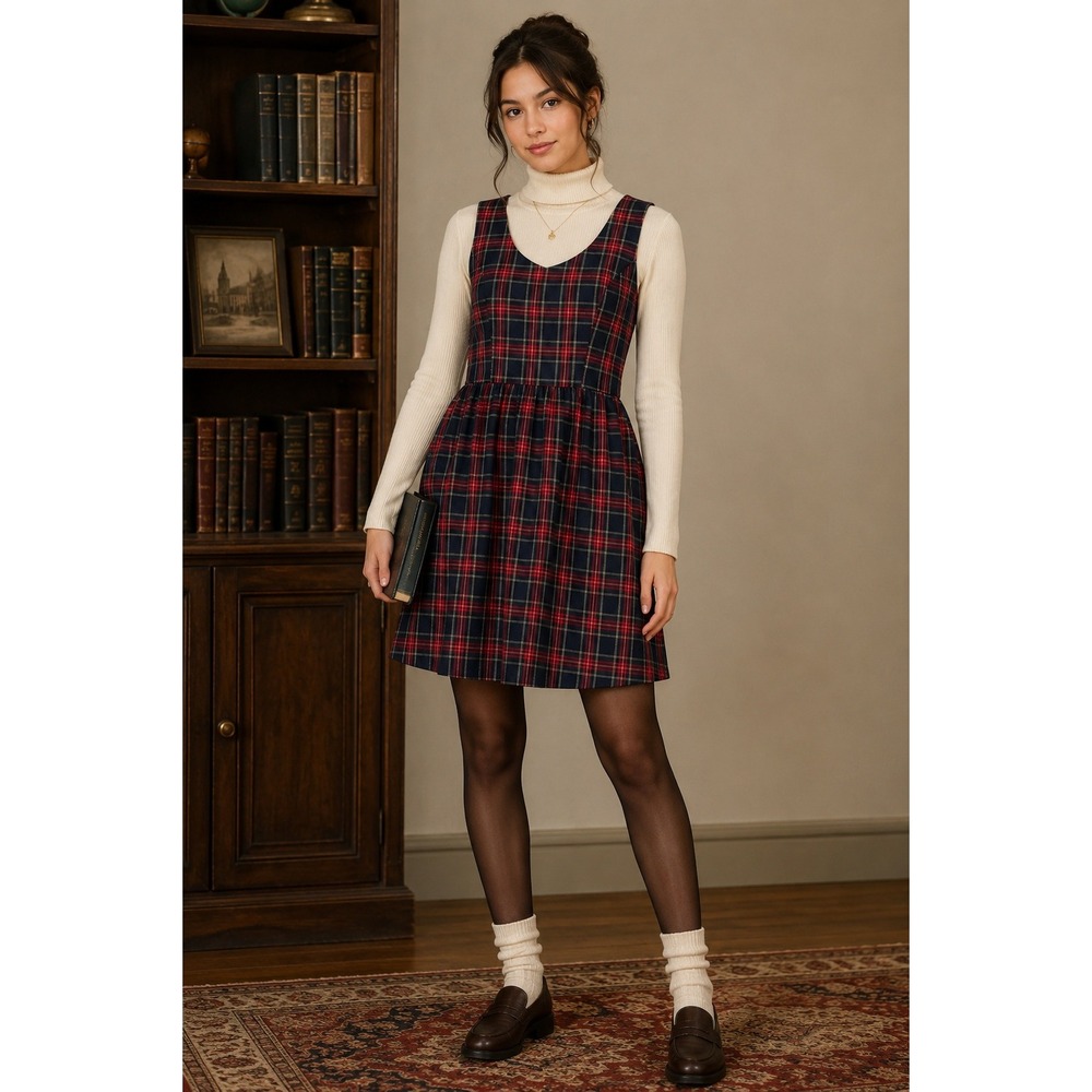 ModCloth Red Navy Plaid Sleeveless Fit Flare Dress Preppy Dark Academia Large